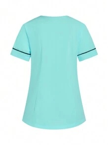 TaskEZ Women's V-Neck Short Sleeve Contrast Color Double Pockets Fashionable Casual Scrub Tops Nurse/Doctor Work Uniforms Top, Health Check Surgical Uniforms Top For Women Solid Colors Pet Grooming Work Uniforms Scrub Tops Nutritionist Work Short Sleeves Lab Work Top, Multi-Pockets Functional Work Functional Women's Top Can Be Worn On Christmas - Mint Blue - View 7