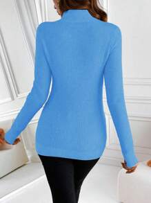 Franclia 女士纯色立领长袖休闲套头毛衣，带保暖内衬，秋冬季长袖上衣，针织套头衫 - 藍色 - 查看 2