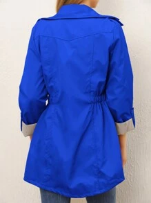 RueChic Roll Tab Sleeve Drawstring Waist Hooded Coat - Blue - View 2