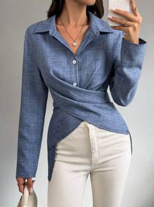 Chiquease 纯色交叉裹身衬衫，长袖上衣