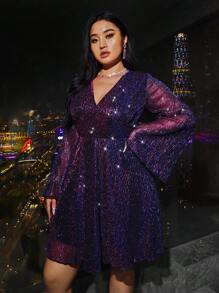 SHEIN Privé Plus Size Women Sparkly Purple A-Line Bell Sleeve Short Dress - Multicolor - View 6
