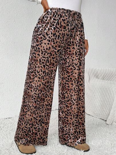 SHEIN Frenchy 大码女式宽松休闲裤，豹纹印花，腰带