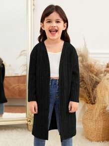 SHEIN Jaqueta Casual Confortável para Menina Jovem, Frontal Aberto, Manga Longa, Cor Sólida Sem Bolso, Outono(9), Inverno(2), Preto