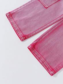 Tween Girl Y2K Style Vintage Distressed Multi-Pocket Cargo Washed Pink Denim Jeans - Pink - View 3