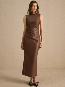 Poéselle Women's Coffee Brown Stretch Leather Stand-Collar Pleated Midi Dress,Elegant Form-Fitting Chic Outfit For Autumn Dinner Date,Parties & Fall Fashion - Brown - View 6