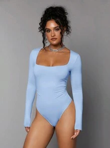 Silquee Women's Casual Solid Color Square Neck Bodysuit, Spring Autumn - Baby Blue - View 4
