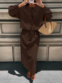 SHEIN LUNE Women's Casual Loose Comfy Linen Bowknot Tie Detail Puff Sleeve Shirt + Women's Casual Comfy Linen A-Line Mid-Length Skirt - Mocha Brown - View 1