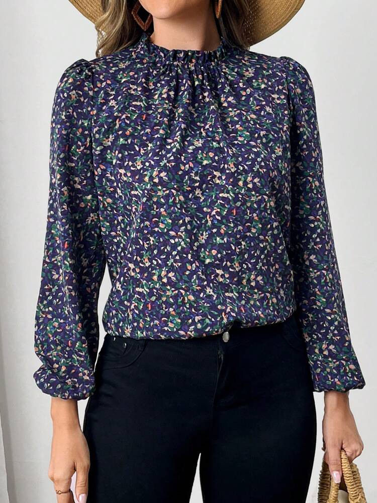 Women's Frill Trim Allover Floral Print Long Sleeve Casual Shirt