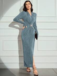 Modelyn 女士纯色 V 领长袖褶皱长款优雅连衣裙长款晚礼服 - 薄荷綠 - 查看 4