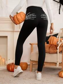 SHEIN Maternity Adjustable Waist Leggings For Halloween Costume - Black - View 3