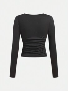 SHEIN Girlism Juego de 3 piezas de camisetas de manga larga casuales de unicolor con cuello redondo fruncido para adolescentes