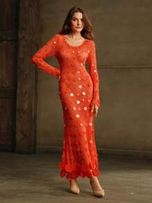 Anewsta Vestido de manga larga con crochet y lentejuelas rojas para mujer