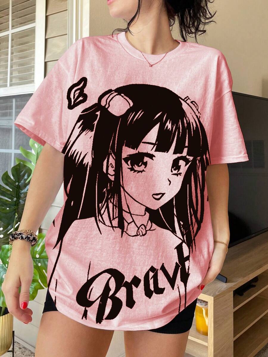INAWLY 女式卡通人物字母印花休闲 T 恤，夏季图案 T 恤女式上衣 - 粉色 - 查看 1