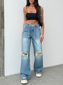 SHEIN Cottnline LOW RISE WIDELEG CUTRIPPED WOMEN Y2K JEAN - Medium Wash - View 3