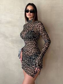 SHEIN Tall Elegant And Sexy Knitted Mesh Printed Long-Sleeved Animal Leopard Print Slim Fit Women's Dress - Brown - View 5