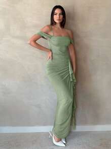 SHEIN Tall Đầm nữ màu trơn gợi cảm và ngọt ngào, cổ bẻ, tay bồng, xếp ly, viền bèo nhún, xẻ tà cao, dây đeo vai - màu xanh lá - Xem 5