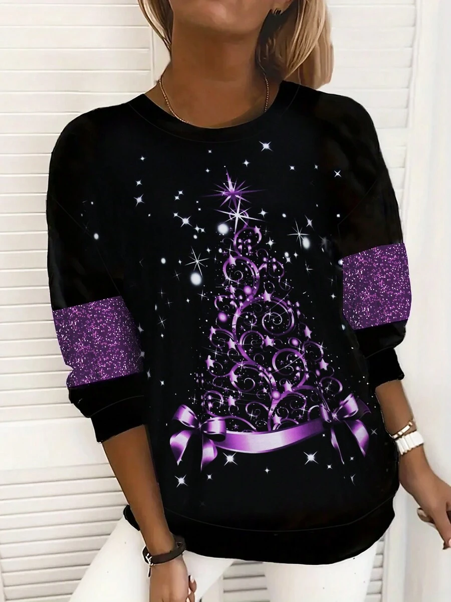 Sudadera de cuello redondo de manga larga negra navideña con estampado de árbol de Navidad y Papá Noel - Negro - Ver 1
