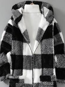 Mom & Me Plaid Fleece Hooded Cardigan Jackets, Loose Fit Warm Fuzzy Contrast Color Coats, Casual Wear - Dark Grey - View 4