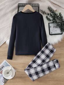 青少年男孩简约时尚休闲校队夹克和撞色数码印花格子紧身睡衣套装 - 彩色 - 查看 2