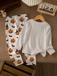SHEIN 男婴万圣节元素图案修身长袖圆领睡衣套装，休闲简约，适合秋冬季穿着 - 彩色 - 查看 2