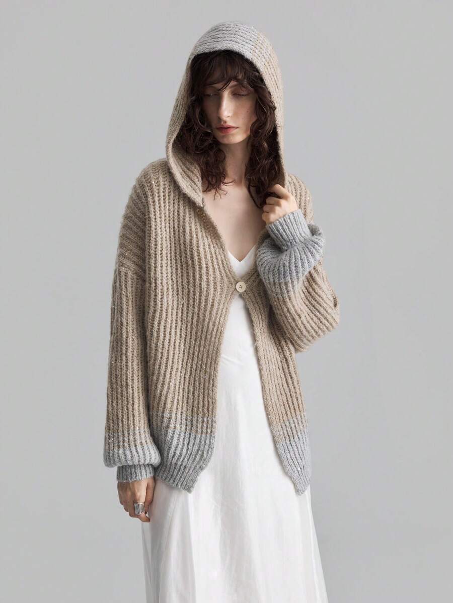 Ontre 新年渐变色针织单扣连帽灯笼袖开衫，卡其色和灰色，女士休闲宽松连帽毛衣，适合秋冬季 - 灰色 - 查看 1
