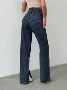 EURMUSE VAQUEROS DE PIERNA ANCHA DE CINTURA BAJA PARA MUJERES - Azul lavado oscuro - Ver 2
