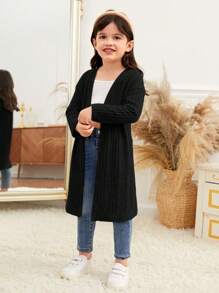 SHEIN Jaqueta Casual Confortável para Menina Jovem, Frontal Aberto, Manga Longa, Cor Sólida Sem Bolso, Outono(9), Inverno(2), Preto