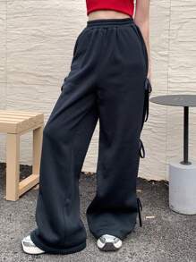 DAZY 女士纯色侧系带休闲长裤，日常休闲，带保暖内衬 - 藏蓝色 - 查看 4