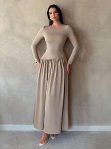 SHEIN Tall Elegant Flounce Hem Long Sleeve Dress For Spring & Autumn - Coffee - View 5