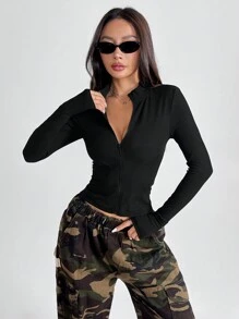 SHEIN PETITE Women's Zip Up Thumb Holes Black Jacket In Fall/Winter - Black - View 4