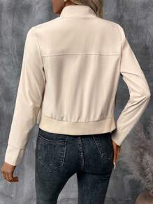 SHEIN LUNE Women's Solid Color Stand Collar Long Sleeve Zipper Front Cropped Casual Jacket For Spring & Autumn