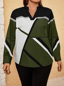 SHEIN LUNE 大码女式春夏拼色 V 领长袖优雅衬衫 - 軍綠色 - 查看 4