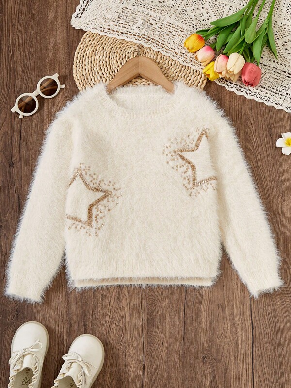 SHEIN Suéter de cuello redondo de manga larga con decoración de lentejuelas en forma de estrella para niña, de tela suave y esponjosa, adecuado para uso casual, viajes, vacaciones, hogar, guardería, hora de juego, fiestas, escuela