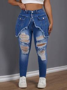 SHEIN SXY Quần denim co giãn cạp cao cỡ lớn có lỗ trang trí - Rửa tối - Xem 7