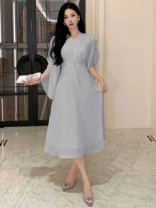 DAZY Vestido midi de chifón fruncido con escote en V para mujeres, vestido para cumpleaños, Año Nuevo o baile de gala