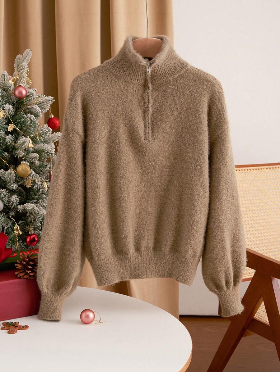 SHEIN Essnce 加大码圣诞毛绒领拉链保暖毛衣，秋冬