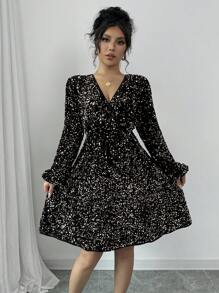 Chiquease Elegant Long Sleeve V-Neck Waist Cinched Midi Dress Fall Cloth For Women - Black - View 1