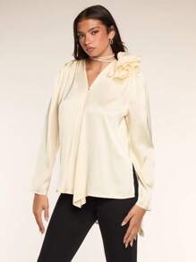 Glamine 女式春夏纯色长袖 3D 花卉休闲衬衫 - 香檳色 - 查看 4