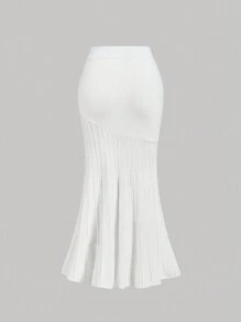 SHEIN MOD 3D花朵白色美人鱼针织半身裙，秋冬，早午餐，万圣节，优雅，返校节，派对，女巫风，音乐会，商务，文艺复兴 - 白色 - 查看 2