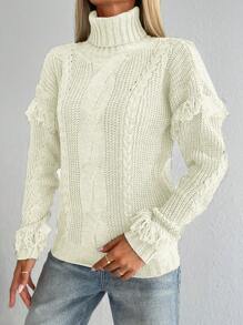 Cloudara Turtleneck Fringe Trim Cable Knit Drop Shoulder Sweater - Beige - View 3
