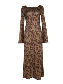 INAWLY Women Long Sleeve All-Over Print Mini Casual Dress - Brown - View 3