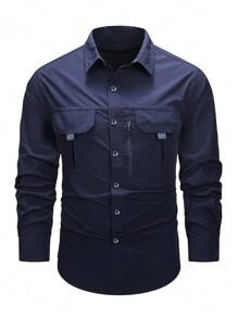 Manfinity Homme Men's Solid Color Front Button Closure Long Sleeve Minimalist Pocket Shirt - Navy Blue - View 1