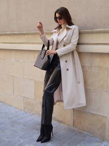 RueChic Premium Quality, Double Button Through, Belted Long Line Trenchcoat - Beige - View 1