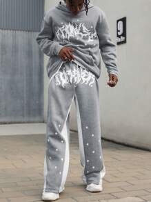 Manfinity EMRG 男士长袖连帽衫，带口袋印花和裤子休闲西装，男士两件套运动服，男士连帽衫和运动裤套装，星星运动裤，秋季服装 - 灰色 - 查看 5