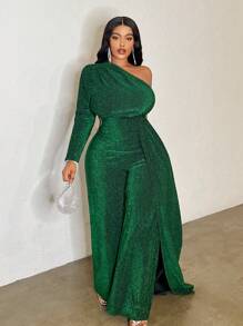 Slaydiva Bộ đồ liền thân màu xanh lá cây dáng suông không đối xứng cỡ lớn thanh lịch cho tiệc thu/đông, lễ tạ ơn - màu xanh lá - Xem 4