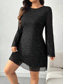 SHEIN EZwear Plus Size Rhinestone Mesh Spring/Autumn Dress - Black - View 4