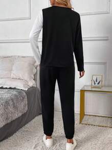 SHEIN LUNE Bộ 2 áo len dệt kim và quần dài cổ chữ V màu tương phản thời trang xuân thu cho nữ - Đen và trắng - Xem 2