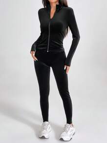 SHEIN PETITE Black Two Pieces Velvet Tracksuit Zip Up And Leggings - Black - View 3