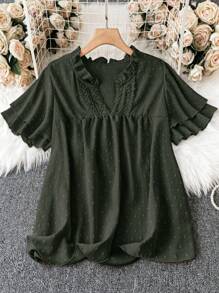 SHEIN LUNE 大码夏季休闲纯色缺口领衬衫 - 軍綠色 - 查看 1