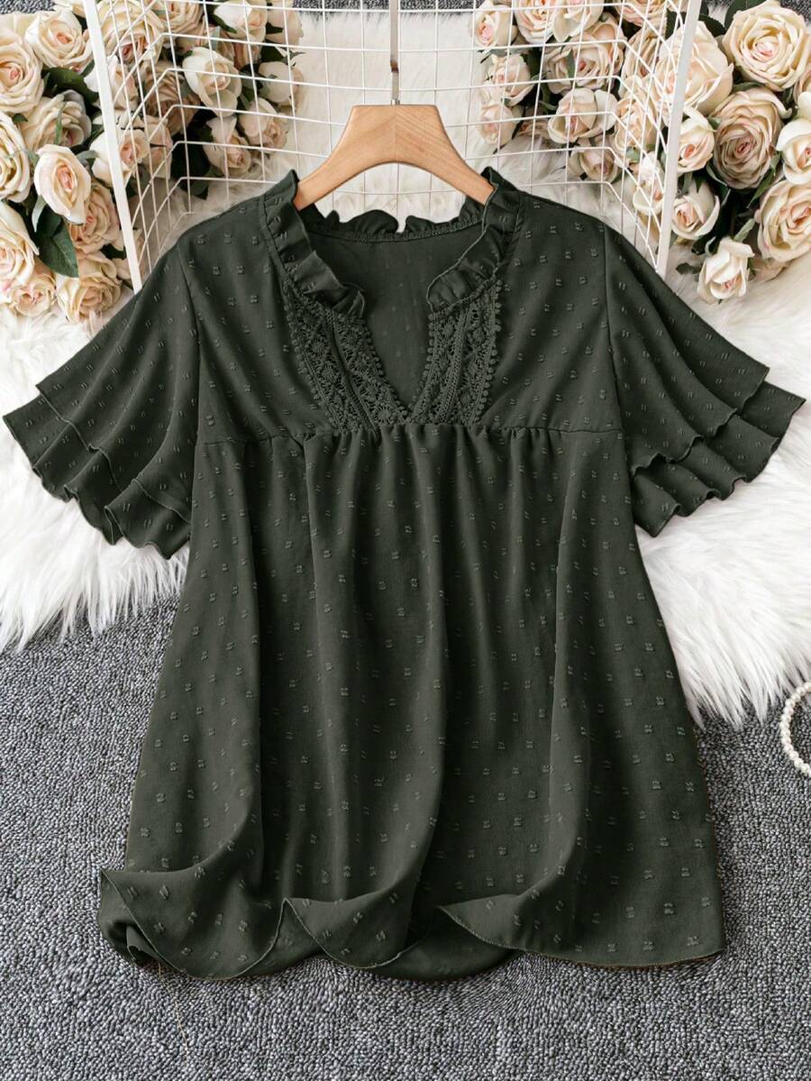 SHEIN LUNE 大码夏季休闲纯色缺口领衬衫 - 軍綠色 - 查看 1